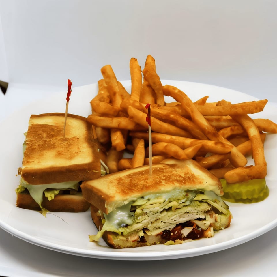 Grilled sandwiches with melted cheese, fries, and pickles on a white plate from Mornings on First.