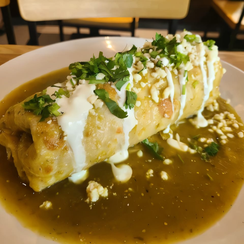 A large breakfast burrito covered in green chili sauce, sour cream, cheese, and cilantro.