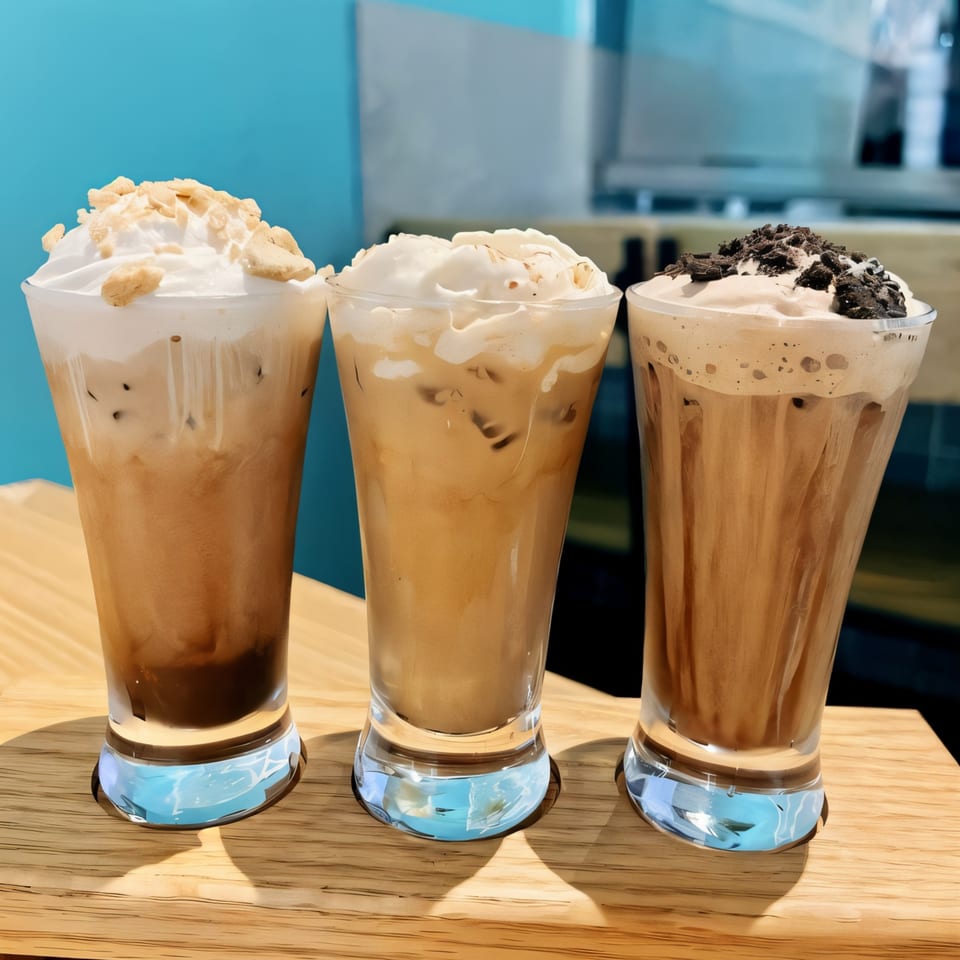 Three iced coffee drinks with whipped cream and various toppings on a wooden table.